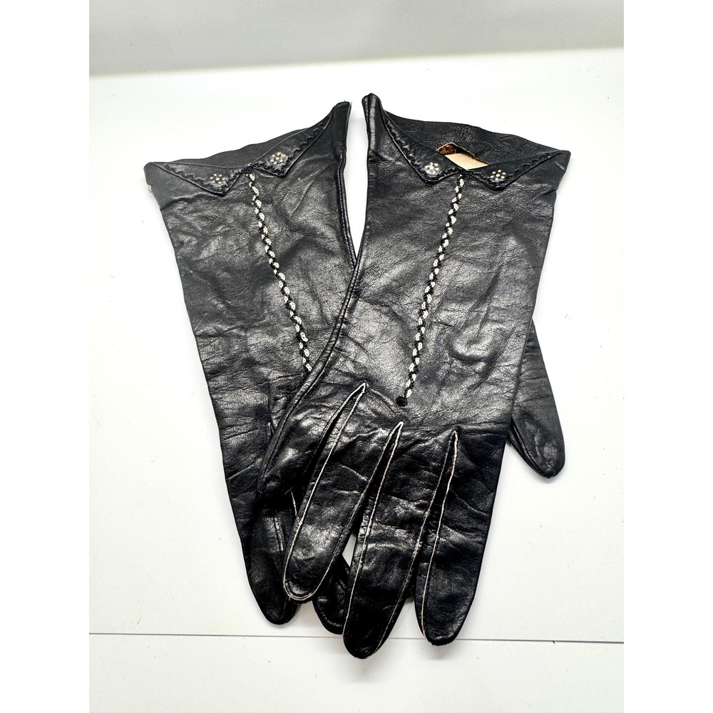 Vintage Black Leather Gloves Embellishd Floral Detail Mid Century Size 7 Fair‎